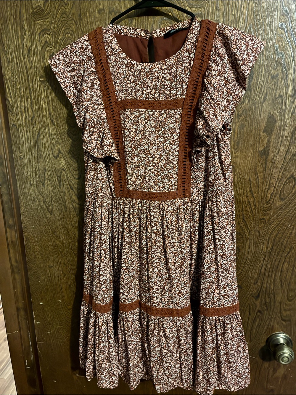 Madewell Brown Floral Ruffle Dress with Crochet Trim